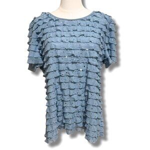 Coral Bay Romantic Tiered Ruffle Blouse – Blue Top w/ Metallic Dots – Size L